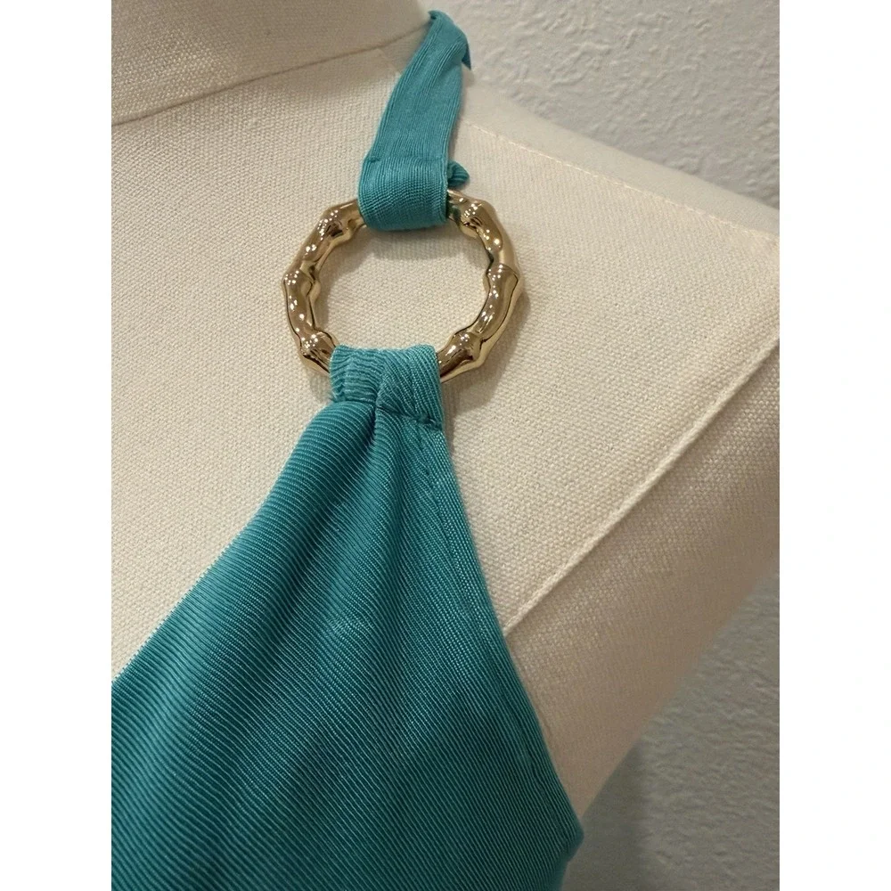 VTG Cacique Aqua Halter Dress XS Cowl Neck Gold Ring Detail Y2K Going Out 2000's - Picture 11 of 12